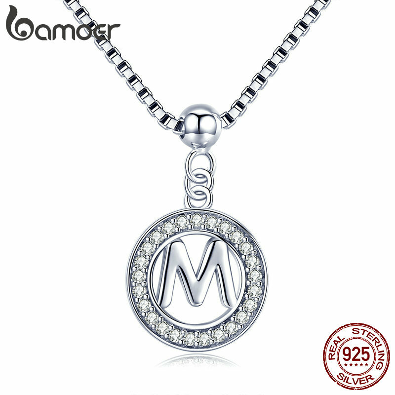 BAMOER 925 Sterling Silver Vintage Letter A to Z Initial M S K Alphabet Pendant Long Chain Necklace Fine Jewelry