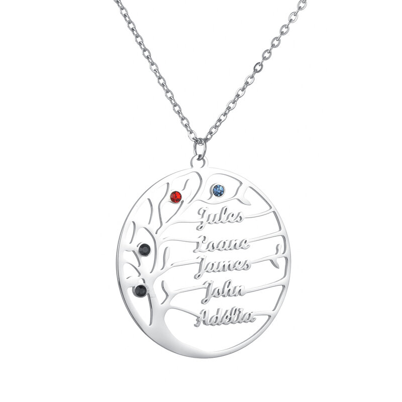 Diamon Personalized Customized Necklace Stainless Steel Life Tree 1-6 Names Birthstone Family Pendant for Women Jewelry Gift