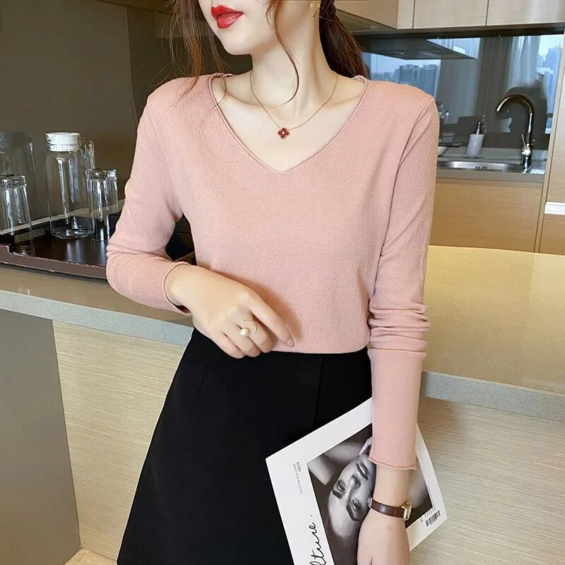 Autumn Winter Women Sweater 2023 Korean Fashion Knitwears Warm Long Sleeve V-neck Knit Pullovers Slim Fit Bottoming Shirt Jumper