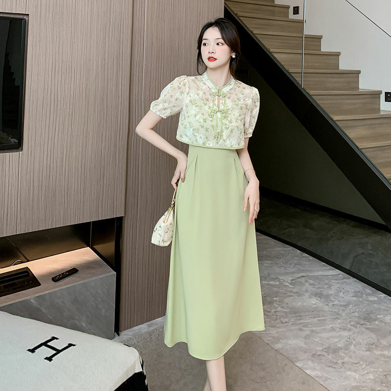 فستان من قطعتين بحزام معلق ، توب مطبوع من الشيفون ، إبزيم محسن ، تصميم فني جديد على الطراز الصيني