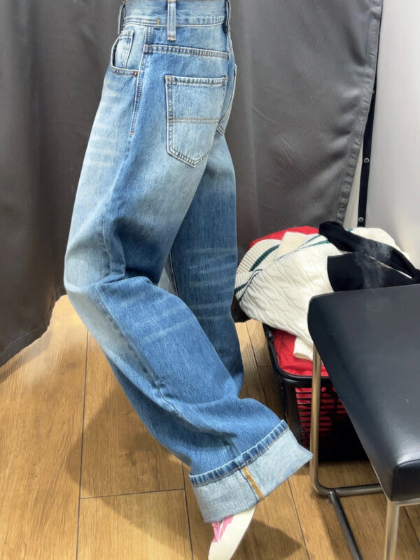 ADAgirl Retro Denim Blue Jeans Women High Waist Wide Leg Straight Pants Oversize High Street Hip Hop Y2k Fashion Light Trousers