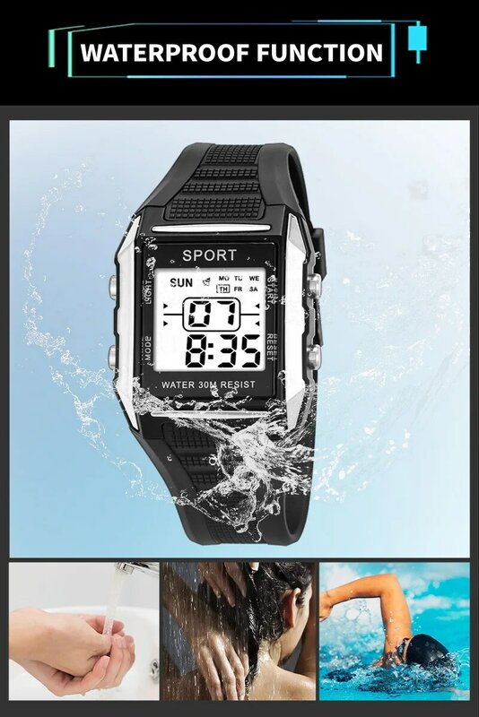 Yikaze-男性用防水LEDディスプレイ腕時計、デジタル時計、電子、発光、クロノグラフ、ブロック、マン