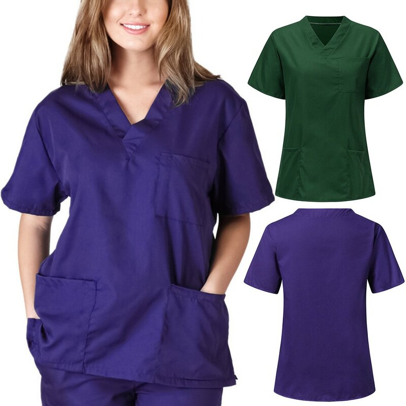 여성 스크럽 탑, 병원 의사 간호사 작업 유니폼, 유니섹스 수술 가운, V넥 스크럽 탑, 단색 패션