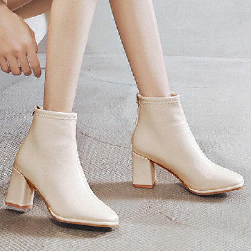 Women's Chunky Heel Ankle Boots Fashion Female Autumn Heeled Shoes Back Zipper Chelsea Boots for Women Winter Keep Warm Botas