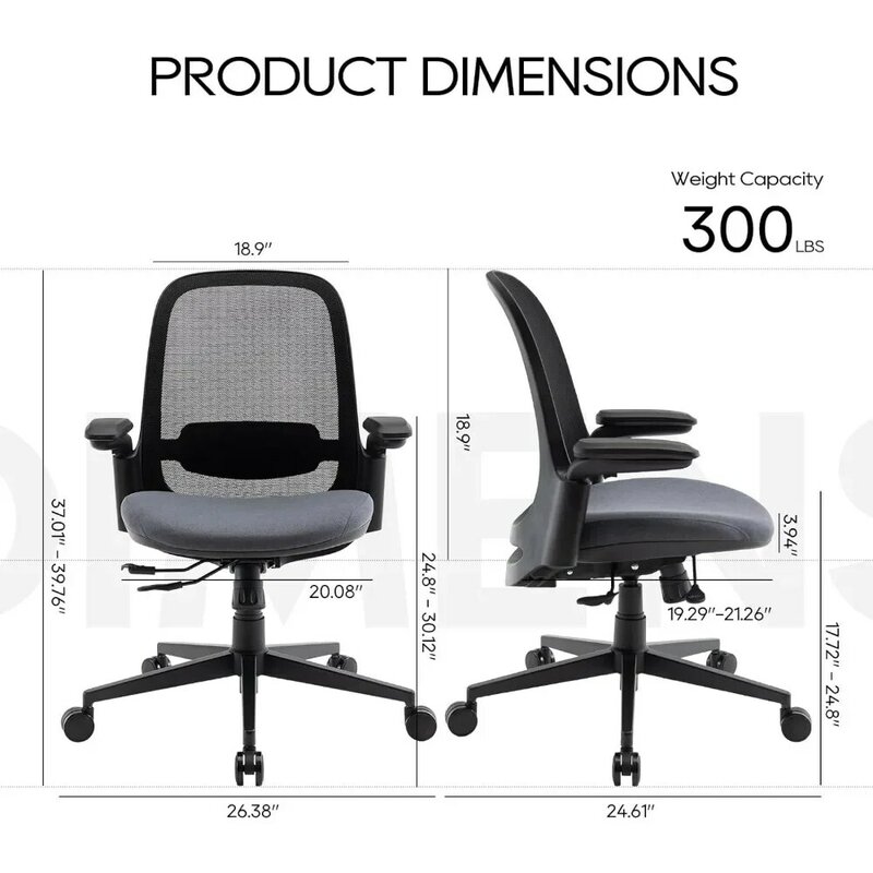 Mesh Office Chair, Mid Back Computer Executive Desk Chairs with 3D Armrests, Slide Seat, Tilt Lock and Lumbar Support-Black/Grey