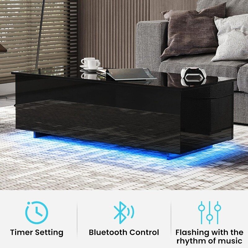 Led Coffee Tables for Living Room - High Gloss Table with Led Lights, 20 Colors Controlled by Remote or App