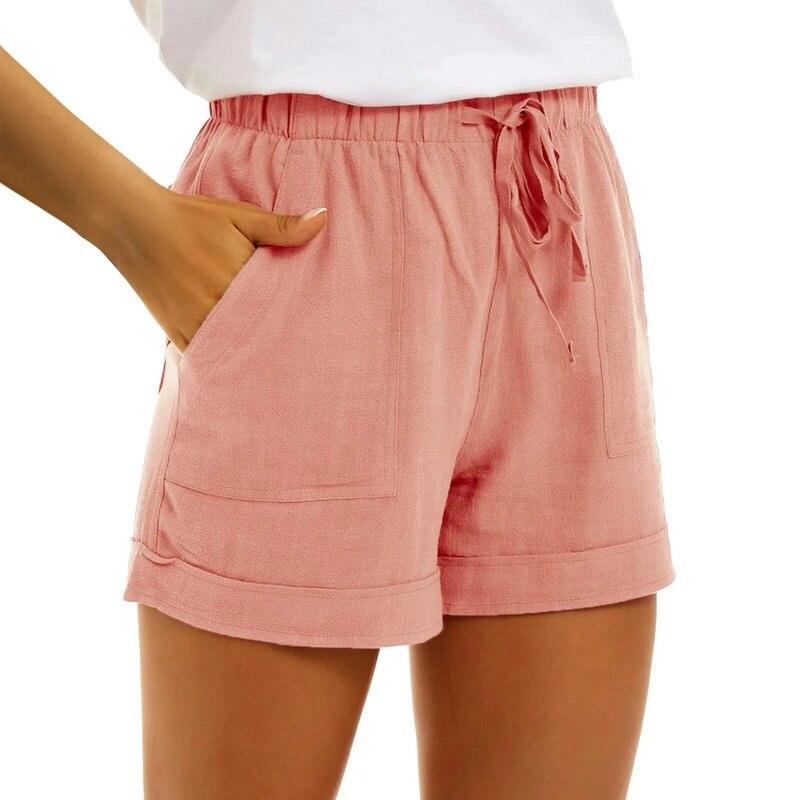 กางเกงขาสั้นฝ้ายลินินของผู้หญิงกางเกงขาสั้นเสื้อใส่อยู่บ้านธรรมดากางเกงมินิเอวสูง trafic สำหรับวัยรุ่นสาวฤดูร้อนขนาดใหญ่พิเศษ