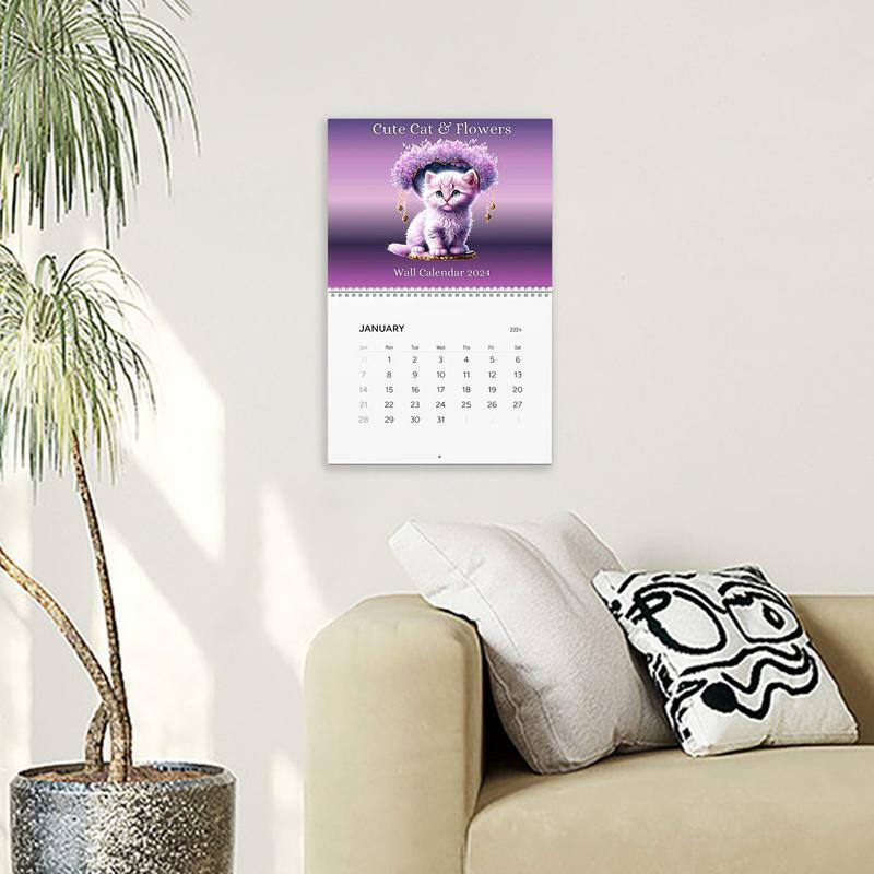 Calendário com flor para parede, calendário bonito do gato, planejador mensal, organizador com imagens engraçadas, 2024