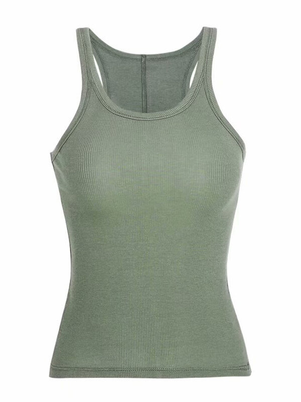 Solid Color Basic Ribbed Knitted Tank Top Women Summer Vintage Sleeveless Camis 90s Cool Girls Streetwear Green Soft Tees