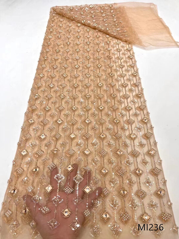 Tela de encaje de lujo con cuentas a mano, tela de encaje bordada con lentejuelas nigerianas africanas para coser, 5 yardas, Dubái