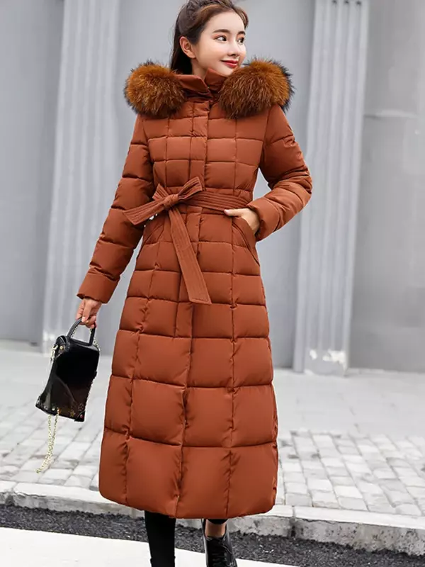 Jaket panjang parka wanita, jaket musim dingin wanita gaya Korea, jaket katun ketat bersabuk, mantel penahan angin hangat