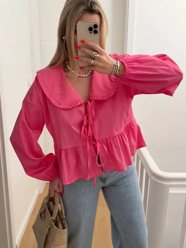 2024 New Women Elegant Ruffles Shirt 2024 Summer Blouse with Peter Pan Collor Lantern Sleeves Bow Buttons Sweet Soft Top