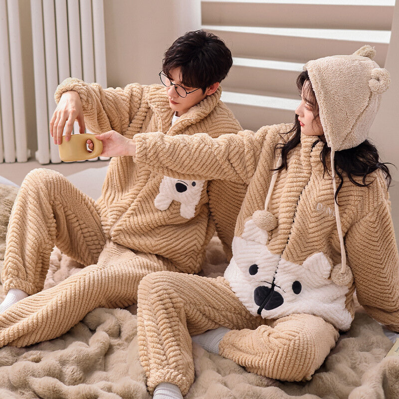 Winter Couple Pajamas Thickened Warm Loungewear Set Coral Fleece Long-Sleeved Cardigan Can Be Worn Outside Flannel Men Pijamas