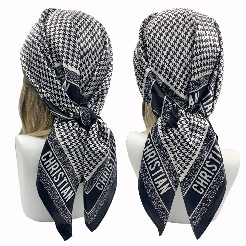 Bufanda cuadrada de seda de 90x90cm para mujer, Hijab de satén de marca de lujo, chal estampado, pañuelo para la cabeza, bufanda, diadema