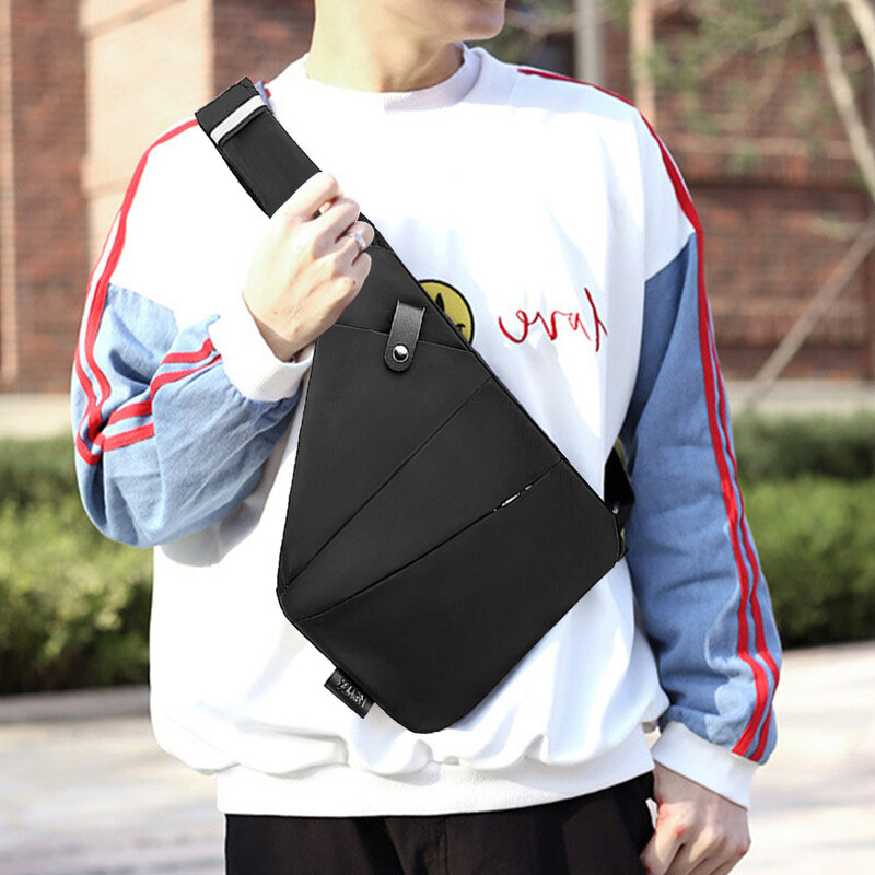 Mens Canvas Shoulder Bag Large Capacity Outdoor Messenger Bag Adjustable Wide Strap Sling Backpack Simple Solid Chest Pack