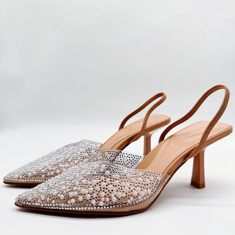 Zapatos de perlas artificiales marrones para mujer, sandalias puntiagudas de tacón alto, novedad de 2024