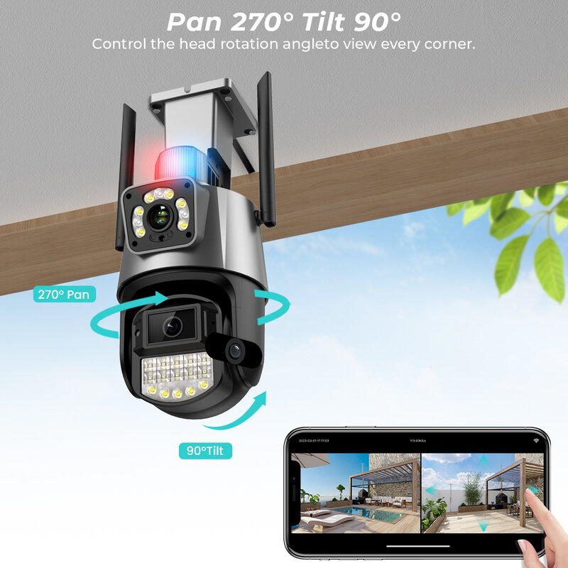 8MP 4K IP 카메라 야외 와이파이 PTZ 듀얼 렌즈, 방수 보안 비디오 감시 경찰 라이트 알람, 자동 추적, 듀얼 스크린
