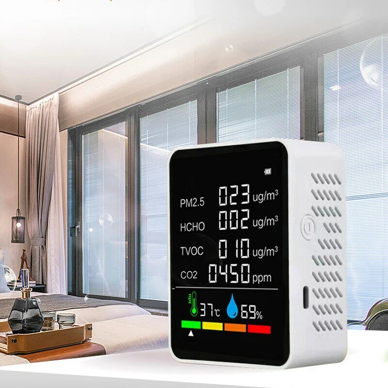 6 in 1 Air Quality Detector PM2.5 Formaldehyde HCHO TVOC CO2 Carbon Dioxide Temperature Humidity Detector Monitor