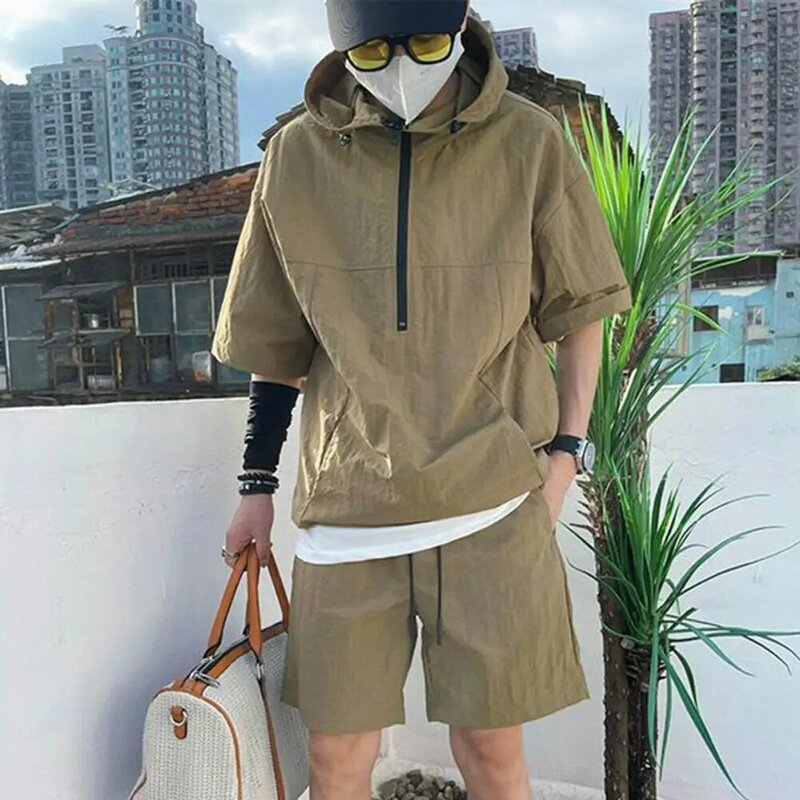 Cargo Shorts Set Men's Casual Hooded T-shirt Wide Leg Shorts Set Solid Color Loose Fit Outfit with Zipper Neckline Elastic Waist