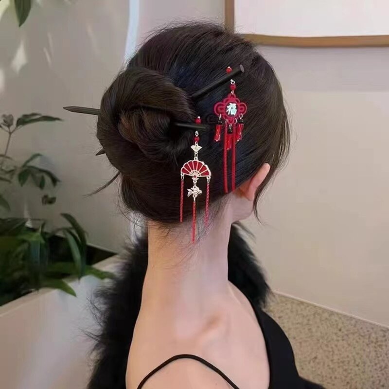 Деревянная Ретро китайская заколка для волос портативный сплав с кисточкой новогодняя заколка для волос