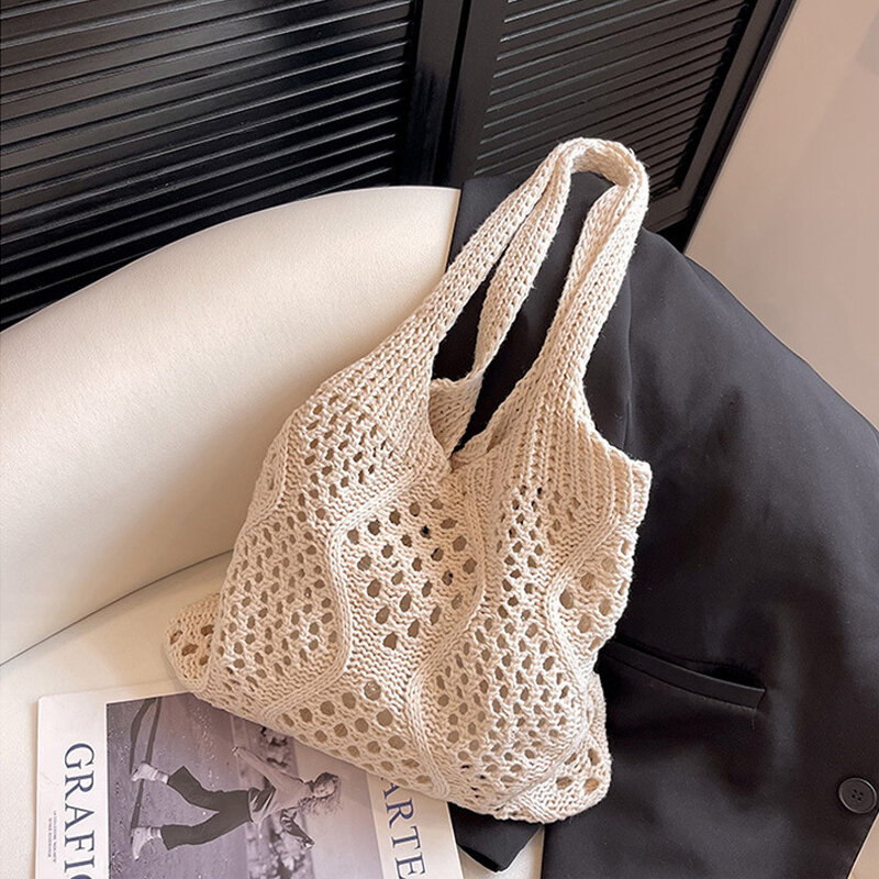 Casual Hollow Out Women Shoulder Bags Knitted Lady Handbags Simple Summer Beach Tote Bag Large Capacity Shopper Purses 2024