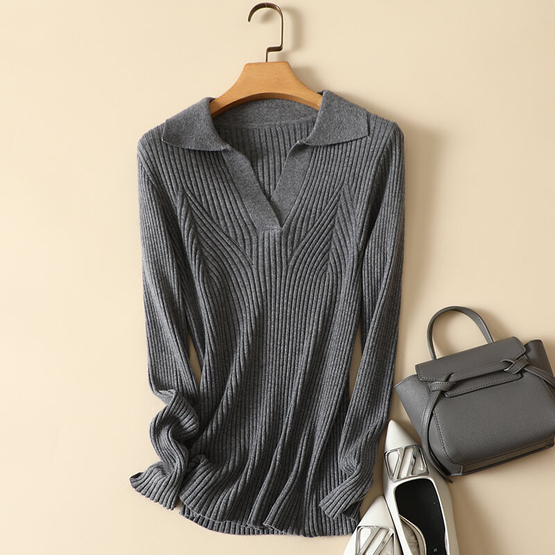 V-Neck Solid Knitted Women Sweater Pullovers Autumn Slim Elastic Long-Sleeved Elegant Female Pulls Outwear Tops