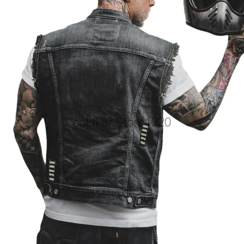 2024 New Spring Autumn Vintage Raw Edge Design Men's Denim Vest Black Sleeveless Jackets Men Hole Jeans Brand Waistcoat 6xl
