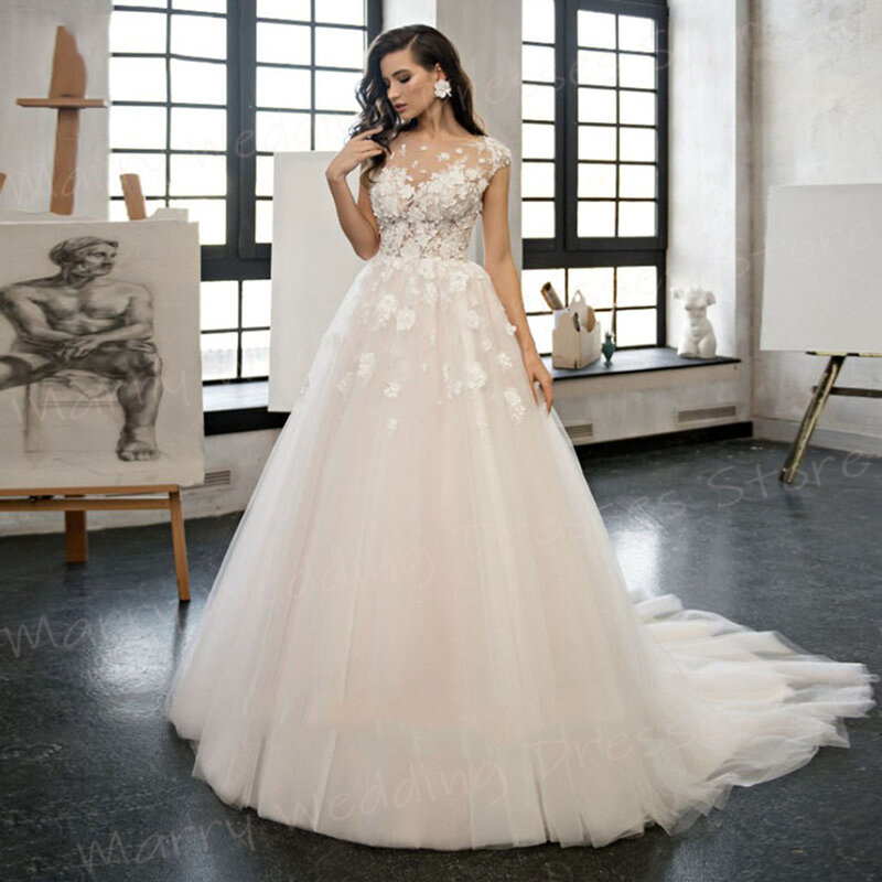 Elegant Modern A Line Women's Wedding Dresses Fascinating Appliques Lace Bride Gowns Button Illusion Tulle فساتين حفلات الزفاف