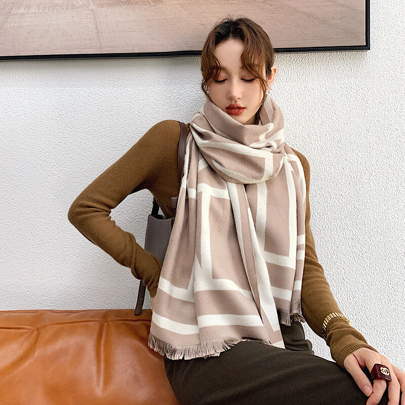 Новинка 2022, теплый шарф, модные дизайнерские женские длинные кашемировые шарфы с надписью и подкладкой