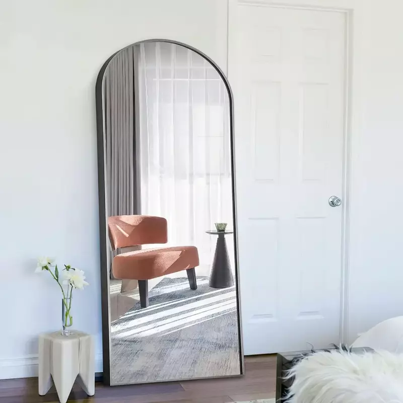 Grande arco cheio comprimento parede espelho, piso espelho com suporte, liga de alumínio, quadro fino, frete preto, livre, 65x22"