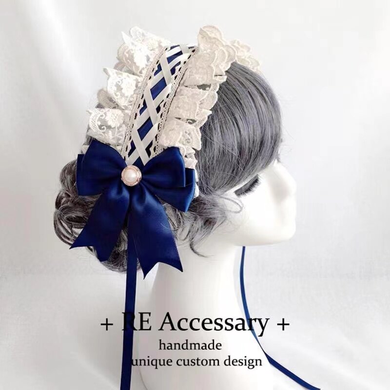 Ribbon Bow Hairband with Hairpins Girls Lolita Lace Ruffled Headband Sweet Star Embroidery Anime Maid Cosplay Headdress