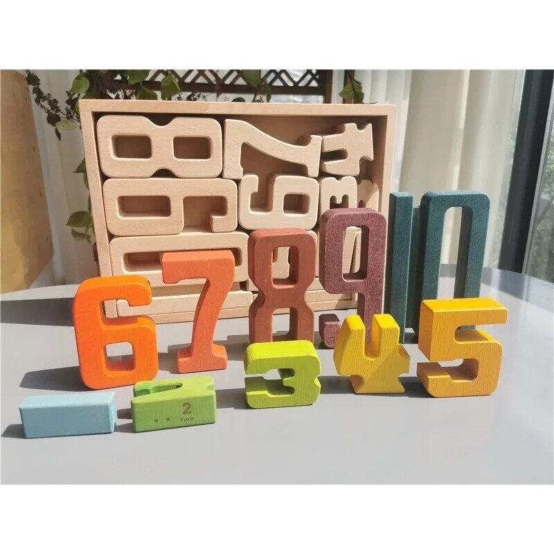 Holz Gebäude Stapeln Digitale Blöcke Montessori Mathematik Zahlen Spielzeug für Kinder Pädagogisches Spielen