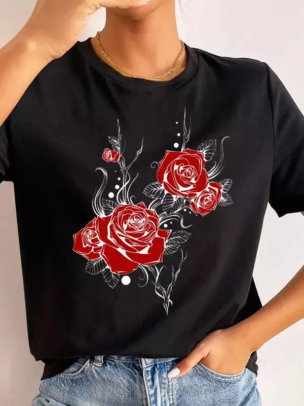 Camiseta de algodão estampado flor de manga curta feminina, camiseta gola redonda, nota musical, moda, alta qualidade