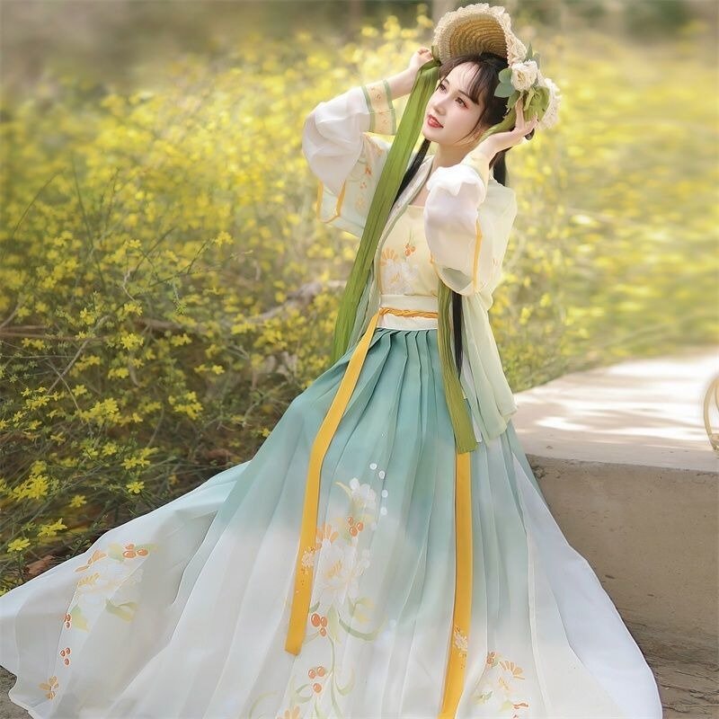 Hanfu modna chińska stylowa sukienka z haftem i gradientowe kolory bajkowa spódniczka wiosenną i jesienną sukienką do tańca Hanfu
