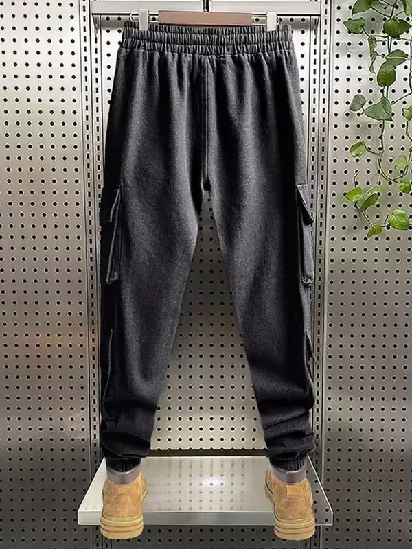 Calças de carga forrado com lã masculina, moda Harajuku, calça larga Y2K tamanho grande, calça preta empilhada, roupa casual de trabalho, roupas masculinas, inverno