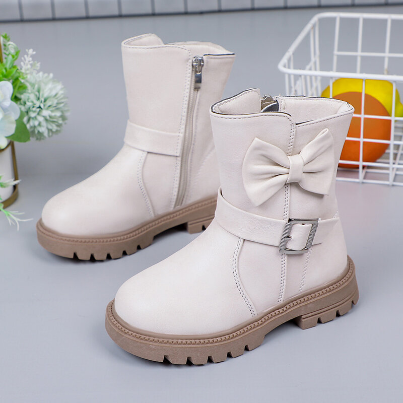 2023 Girls Boots Bow Kids Fashion Buckle Cool Solid Color Toddler Girls Shoes Children Casual Boots Versatile Spring New Simple