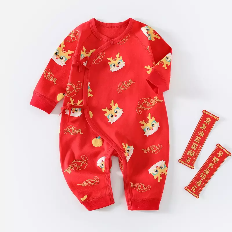 Детская одежда красный хлопок китайский новый год полный месяц день рождения осень новорожденный комбинезон Пижама ползание Дракон Тан костюм комбинезон