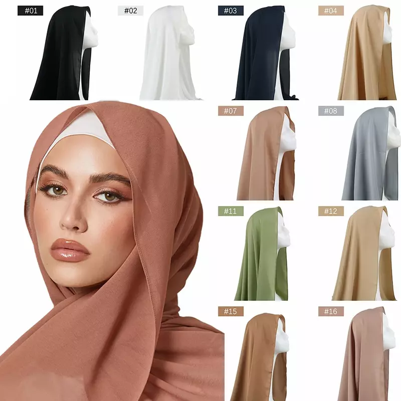 Nicht transparente muslimische Frauen Satin Chiffon Hijab Solide Satin Hijabs Stirnband Schleier Schals Islamisches Kopftuch Kopfwickel Turban