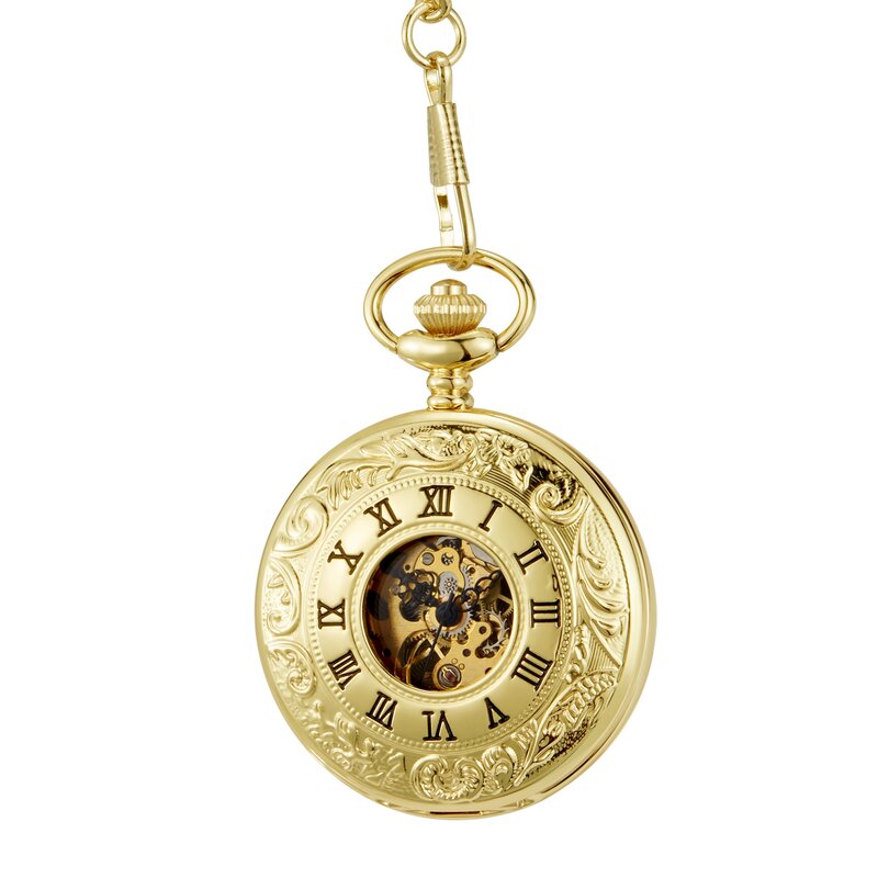 Vintage Luxury Carving Machinery Pocket Watch for Men Engraved Case Roman Numeral Fob Chain Necklace Clock for Collection Gift