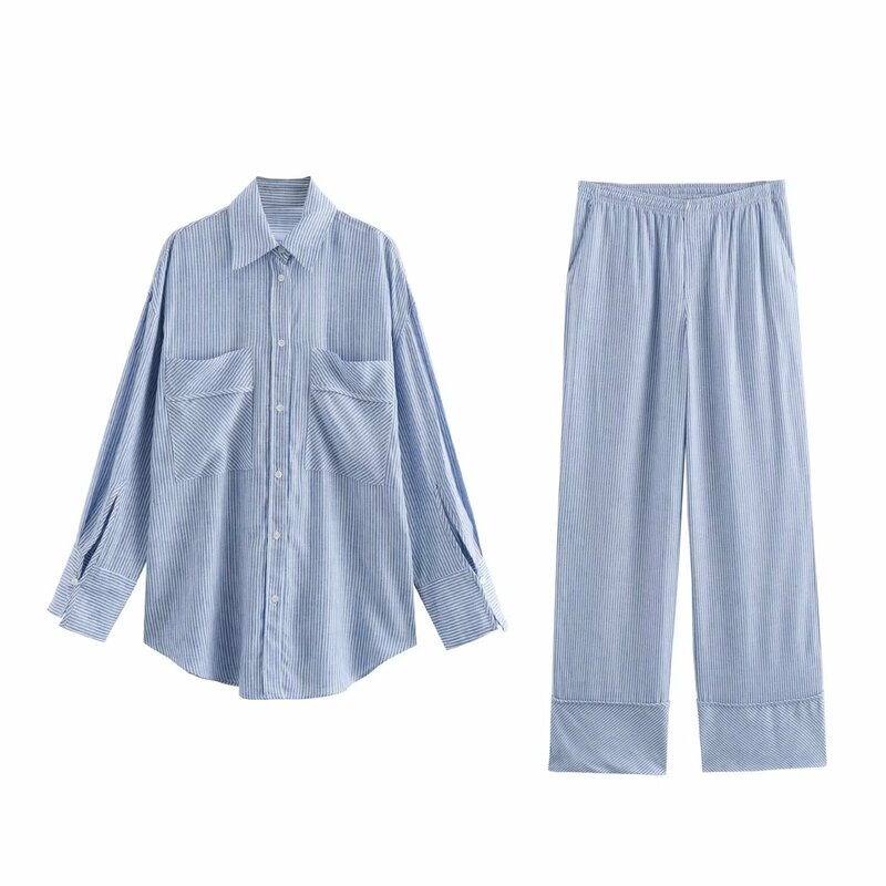 Terno feminino de manga comprida de botão para cima, camisa larga listrada, moda retrô, decoração de bolso, nova