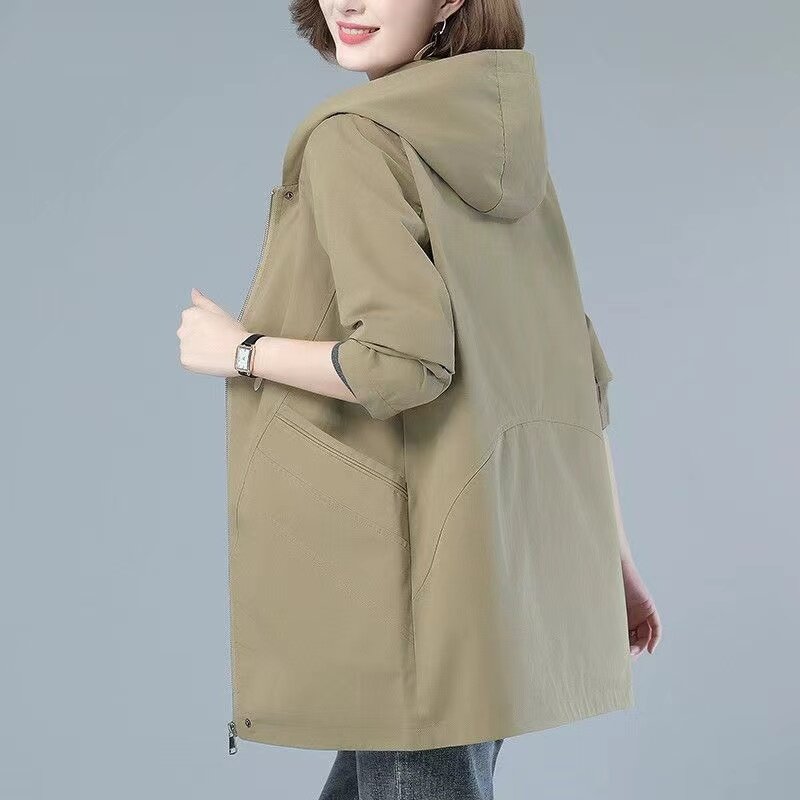 Windbreaker Jacket Women Middle-Aged Elderly Spring Autumn Long 2024 New Outwear Casual Loose Overcoat Hooded Trench Coat Female