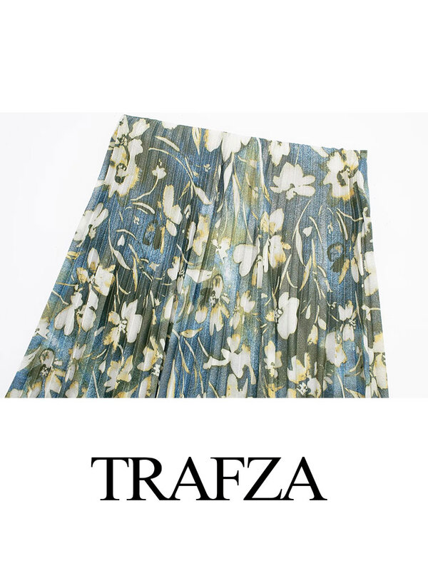 TRAFZA-Fato de saia feminino estampado em flor metálica, camisa de mangas compridas, cintura alta, saia plissada midi, vintage feminino, primavera, 2022