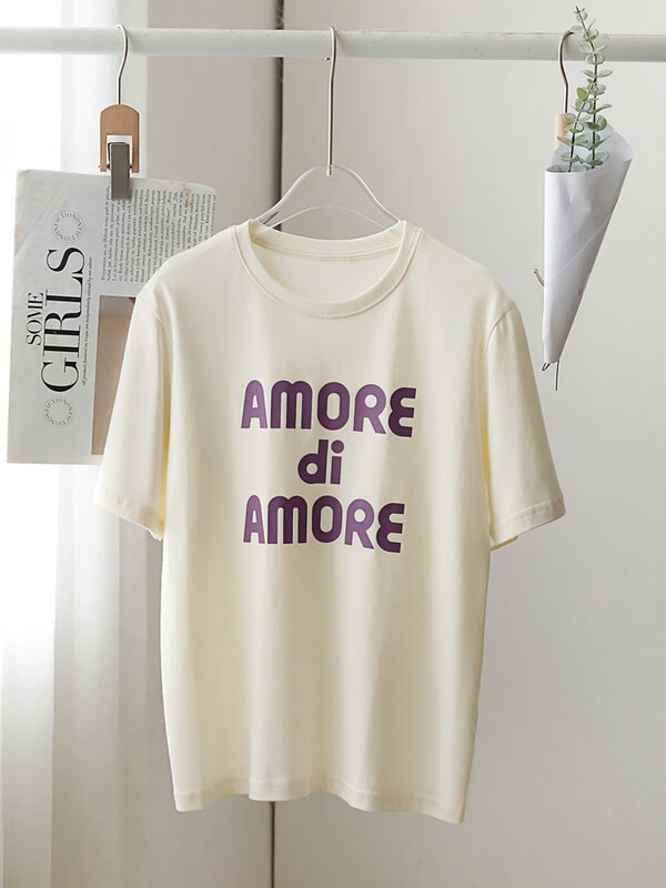 AMORE Letter Print Tee Shirts 2024 Summer Short Sleeve O-neck Cotton WomenT-shirts Casual Vintage Tshirts Tops Female Clothing