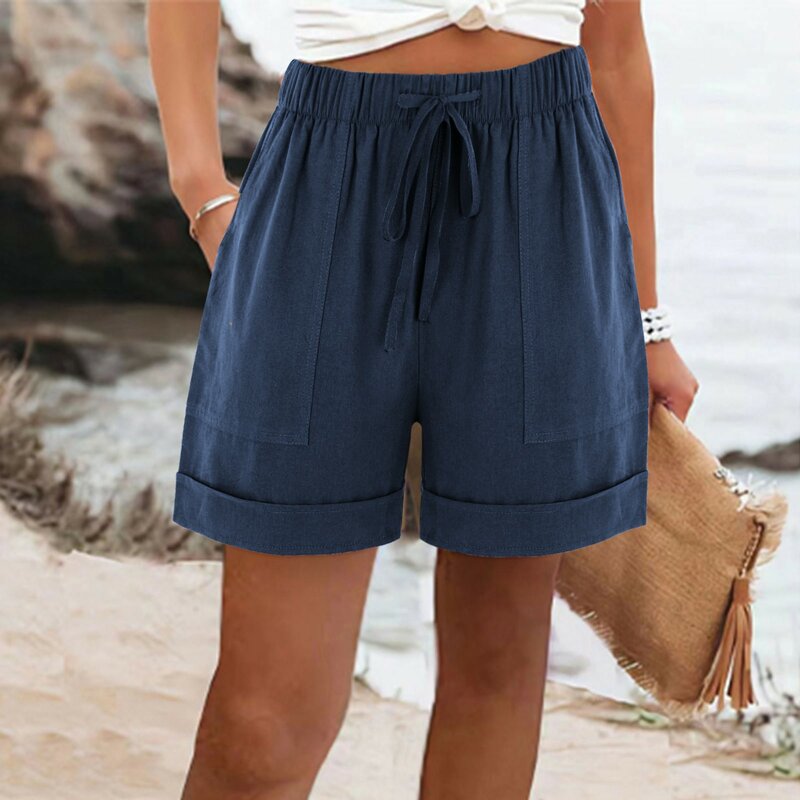 Pantalones cortos de algodón con cordón para mujer, Shorts cómodos e informales de cintura alta con bolsillo, holgados, de pierna recta, a la moda