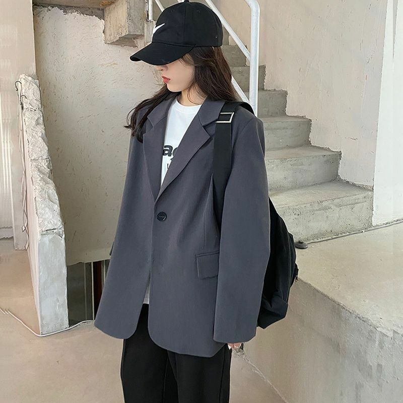 여성용 한국 스타일 회색 블레이저, 긴 소매 루즈 정장 코트, 싱글 브레스트 시크 재킷, 용수철 가을