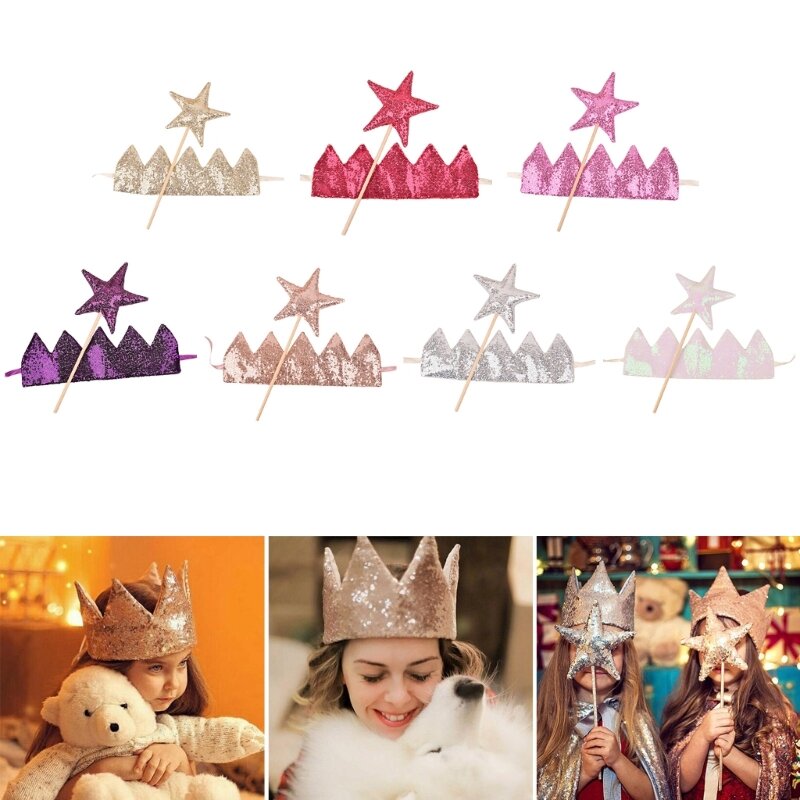 Sparkling Crown Headwear Star Magic Wand Set para Baby Showers Fiestas de cumpleaños