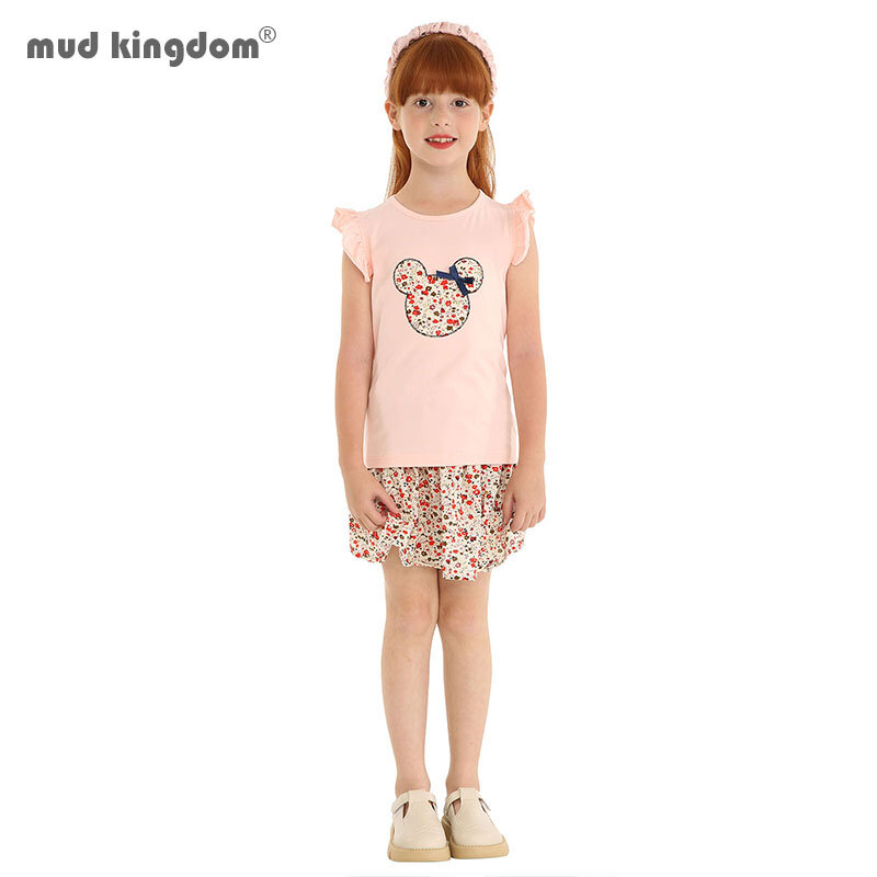 Mudkingdom Cute Girls Clothes Sets Floral 2Pcs Cartoon Kids Ruffle Sleeve Tank Top and Skirt Outfits for Girl Clothing Adorable