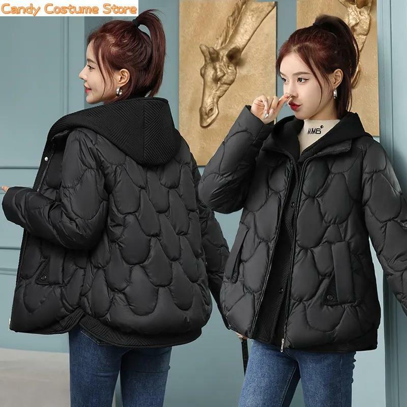 Women Short Corrugated Burr Thick Warm Cotton-Padded Jacket Outcoat Lady Outwearhooded Parka Fake Two-Piece Down Cotton Clothes