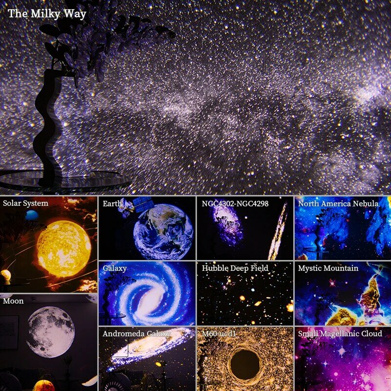 Proyektor Cahaya Malam Galaksi Proyektor Langit Berbintang 360 ° Lampu Planetarium Putar untuk Kamar Tidur Anak-anak Hadiah Hari Kasih Sayang Dekorasi Pernikahan