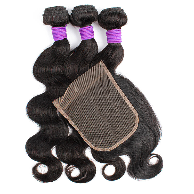 Extensiones de cabello humano indio Remy, mechones con cierre de encaje 4x4, Color Natural, 200g por lote, 3 unidades